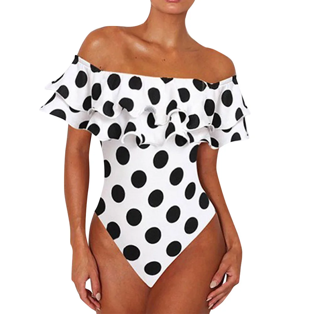 Sexy Off Shoulder One Piece Swimsuit Polka Dot Plus Size Bathing Suit For Women Ruffled High Waisted Swimwear Beach Wear Bather