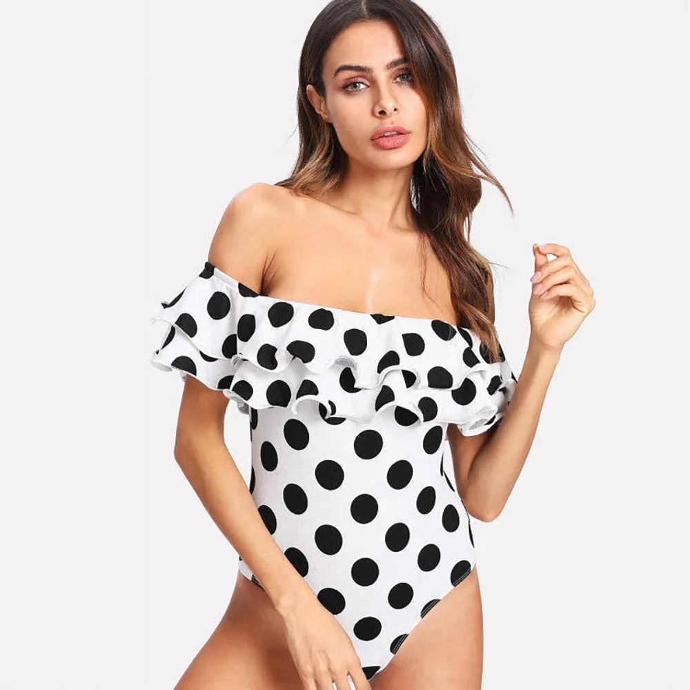 Sexy Off Shoulder One Piece Swimsuit Polka Dot Plus Size Bathing Suit For Women Ruffled High Waisted Swimwear Beach Wear Bather