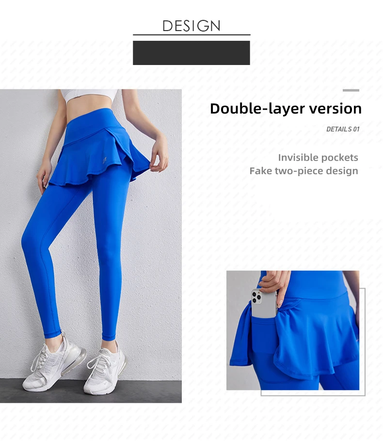 High Waist Legging Nylon Elasticity Gymwear Workout Running Activewear Yoga Pant Hip Lifting Trainning Fake Two Skirt + Pants