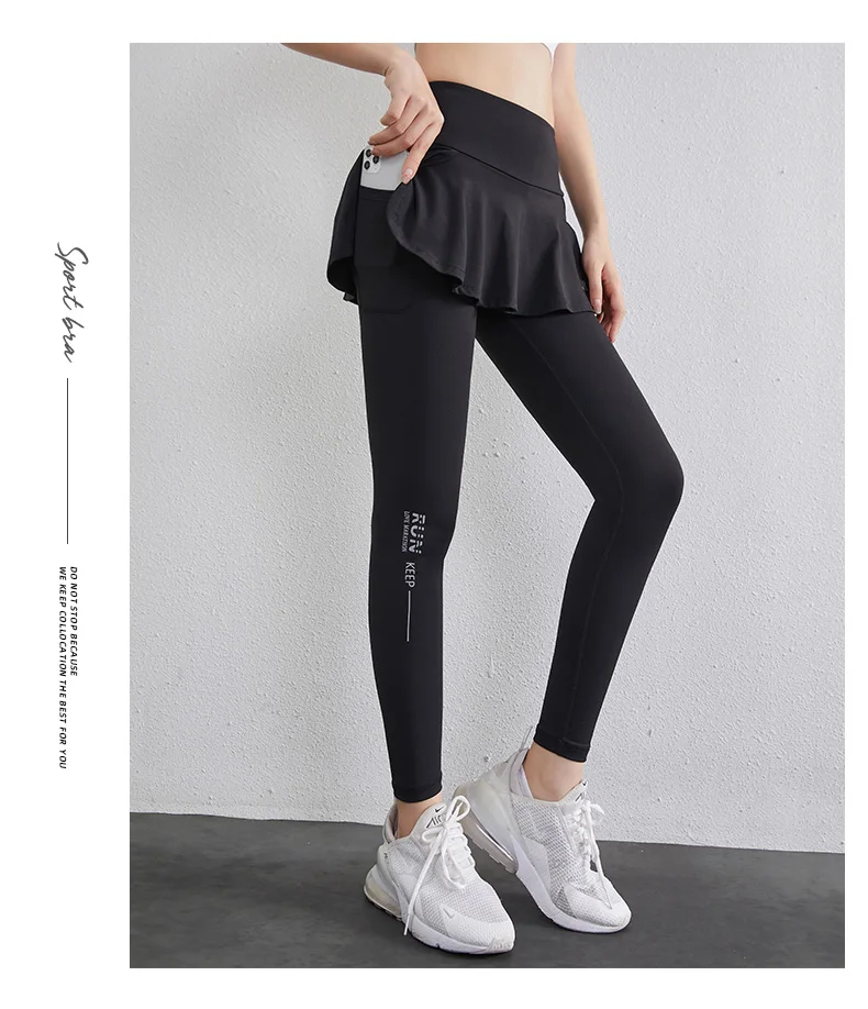 High Waist Legging Nylon Elasticity Gymwear Workout Running Activewear Yoga Pant Hip Lifting Trainning Fake Two Skirt + Pants