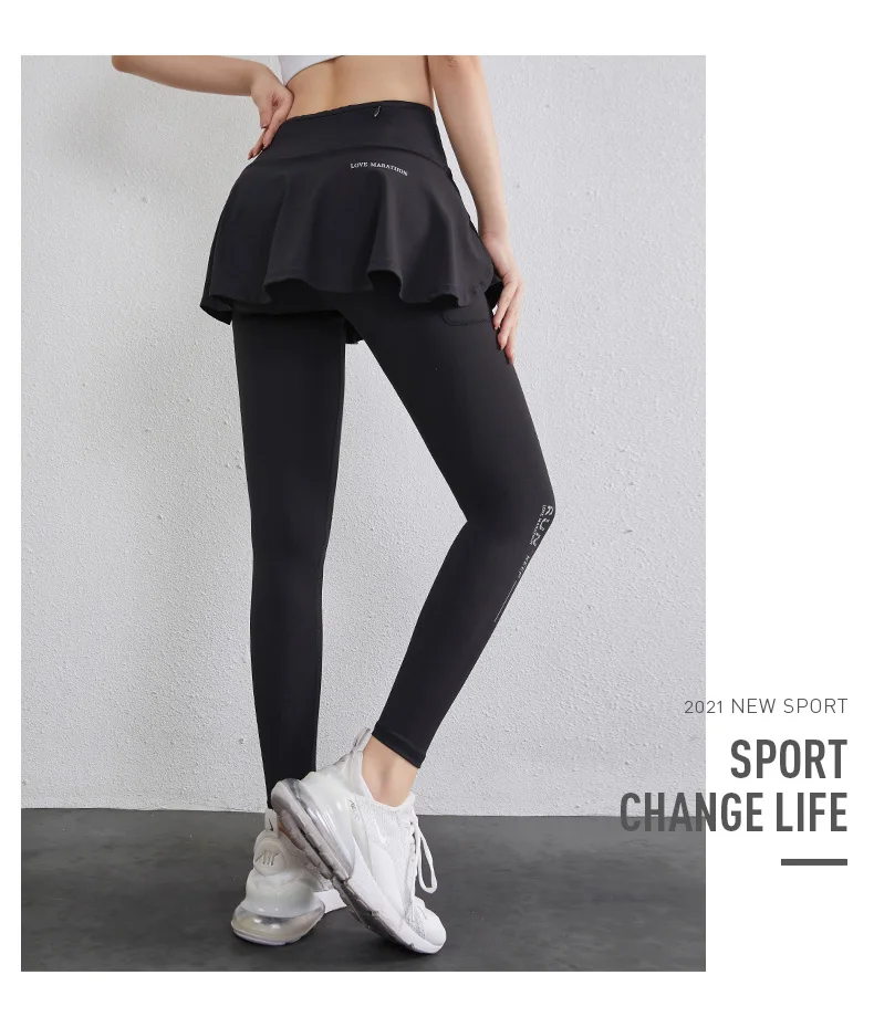 High Waist Legging Nylon Elasticity Gymwear Workout Running Activewear Yoga Pant Hip Lifting Trainning Fake Two Skirt + Pants