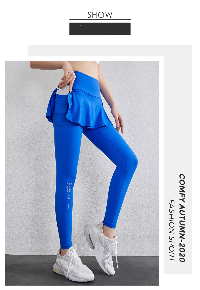 High Waist Legging Nylon Elasticity Gymwear Workout Running Activewear Yoga Pant Hip Lifting Trainning Fake Two Skirt + Pants