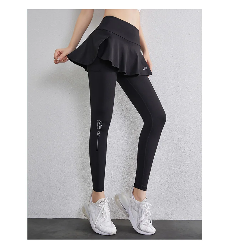 High Waist Legging Nylon Elasticity Gymwear Workout Running Activewear Yoga Pant Hip Lifting Trainning Fake Two Skirt + Pants
