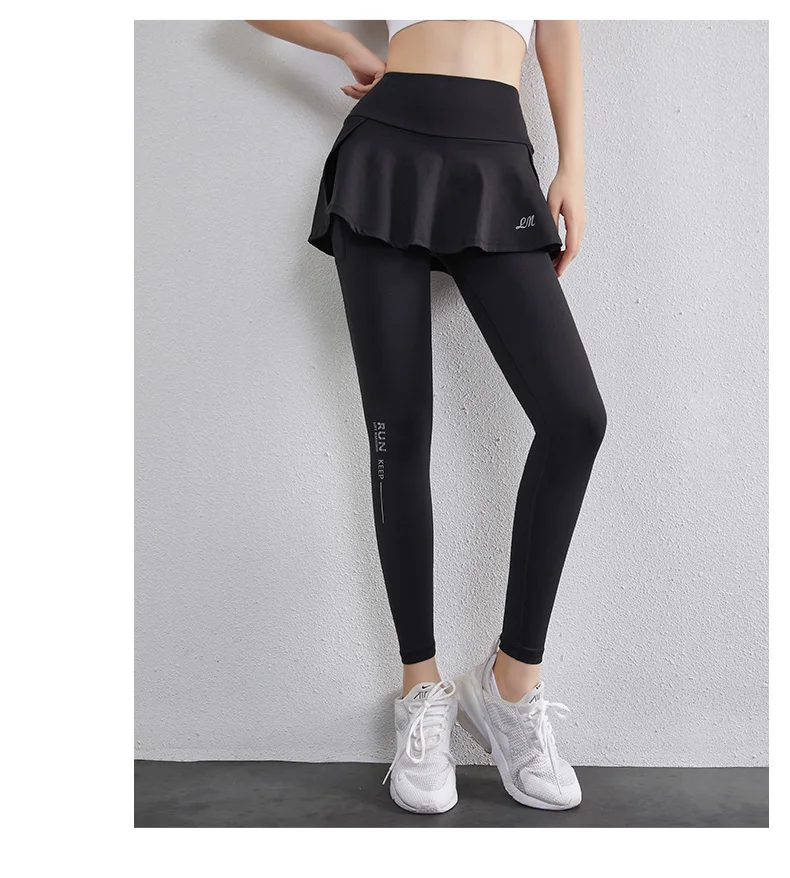 High Waist Legging Nylon Elasticity Gymwear Workout Running Activewear Yoga Pant Hip Lifting Trainning Fake Two Skirt + Pants
