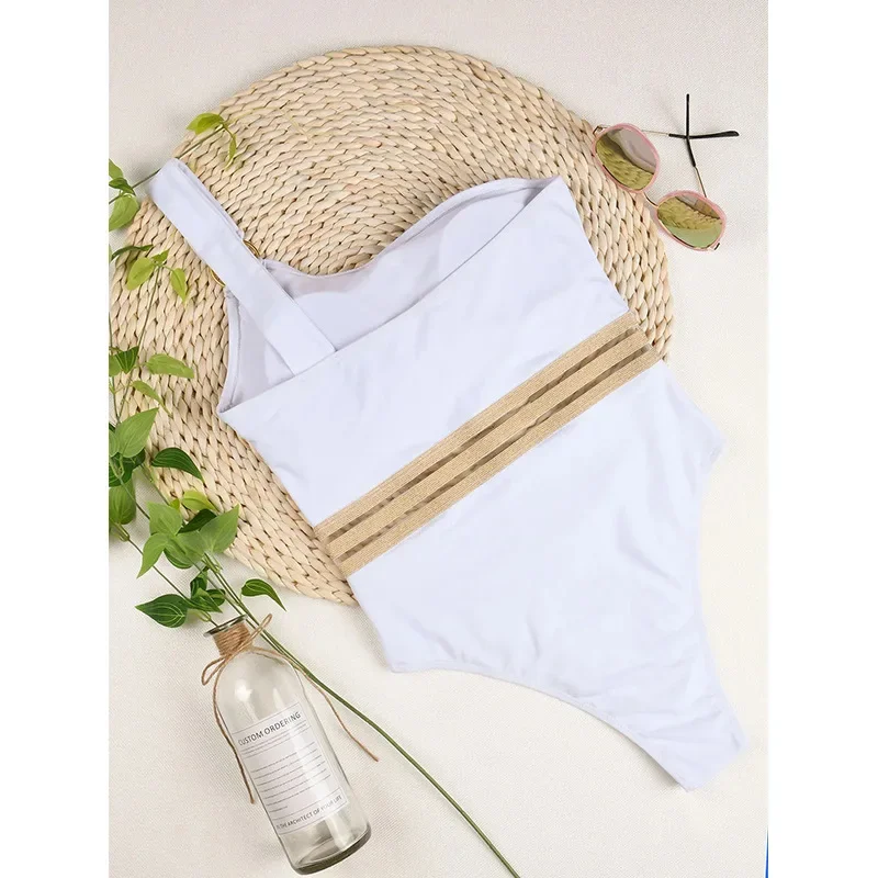 New Sexy One Piece Swimsuit Swimwear Women Solid Single Shoulder Hollow Mesh White Bathing Suit Beachwear Banadores Mujer 2026