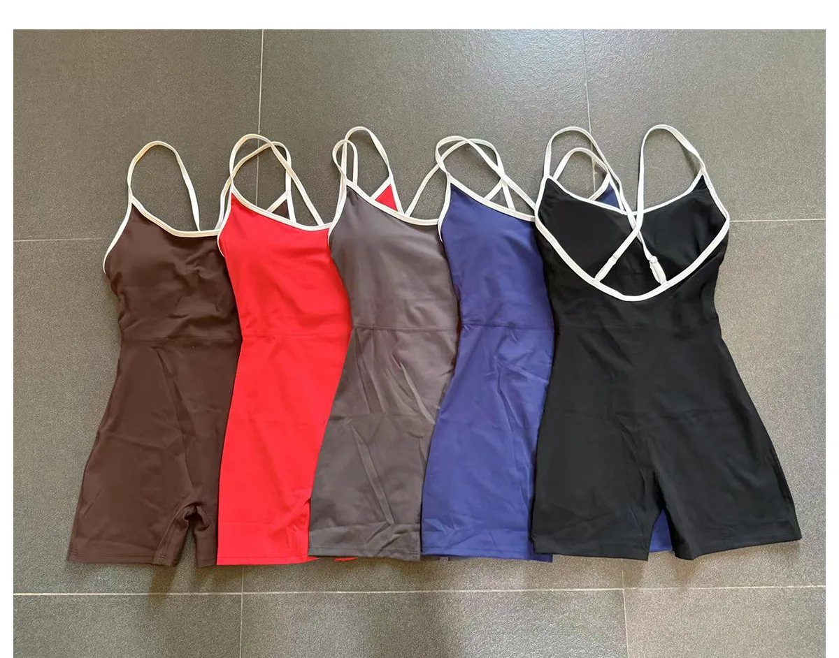 Summer Women's Sports Jumpsuit Shorts Cross Shoulder Straps Hip Lift Tight One-piece Yoga Set Outdoor Running Gym Fitness Suits