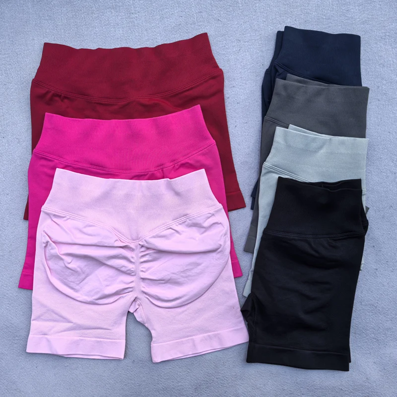 Gym Shorts Women Fitness Sports Biker Shorts 4.5" Low Ribbed Band Yoga Shorts Workout Scrunch Butt Seamless Leggings