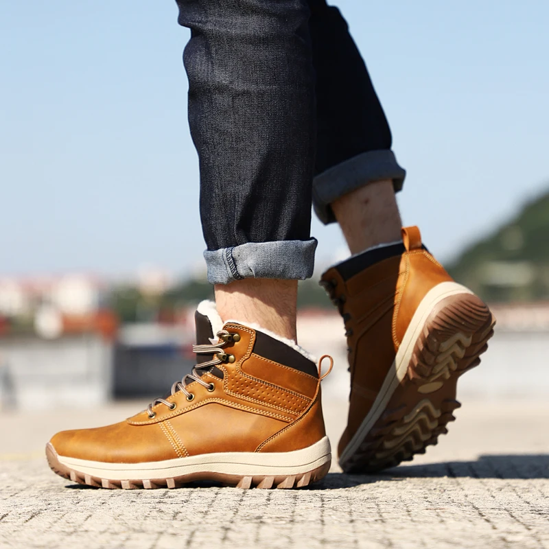 HIKEUP Winter Boots Men Cotton Shoes Winter Outdoor Hiking Shoes Workwear Sport High Top Plus Velvet Warm Men's Shoes