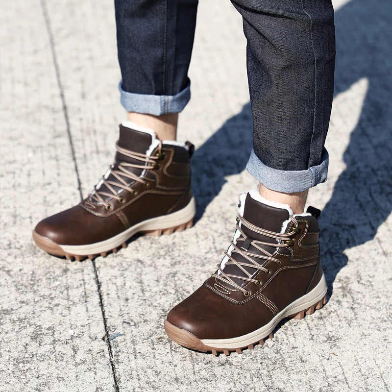 HIKEUP Winter Boots Men Cotton Shoes Winter Outdoor Hiking Shoes Workwear Sport High Top Plus Velvet Warm Men's Shoes