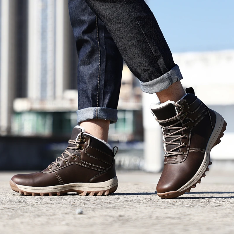 HIKEUP Winter Boots Men Cotton Shoes Winter Outdoor Hiking Shoes Workwear Sport High Top Plus Velvet Warm Men's Shoes