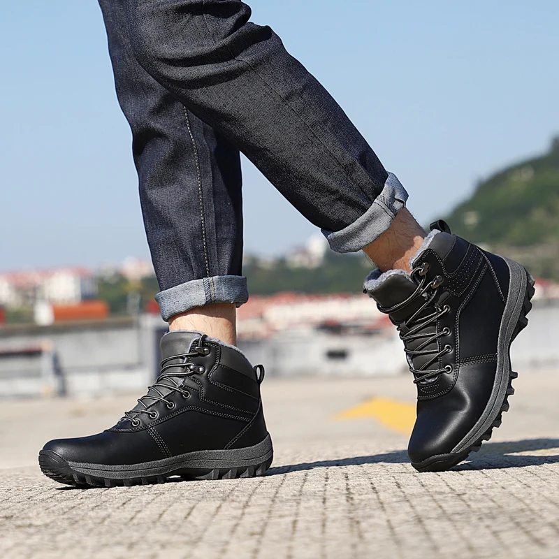 HIKEUP Winter Boots Men Cotton Shoes Winter Outdoor Hiking Shoes Workwear Sport High Top Plus Velvet Warm Men's Shoes