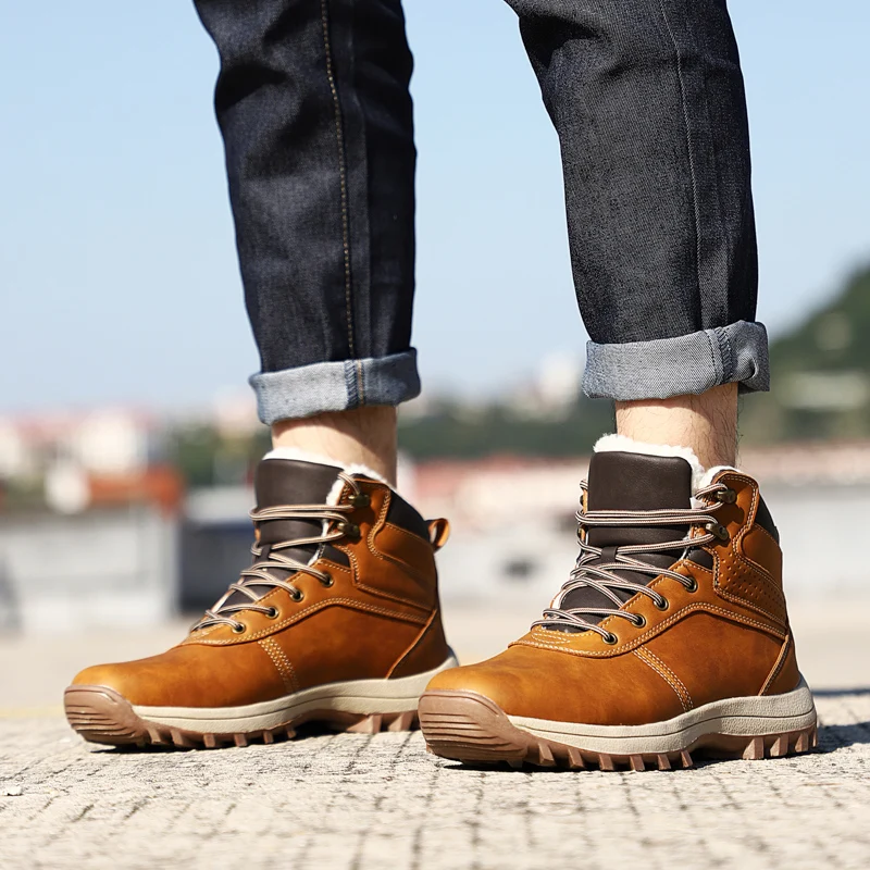 HIKEUP Winter Boots Men Cotton Shoes Winter Outdoor Hiking Shoes Workwear Sport High Top Plus Velvet Warm Men's Shoes