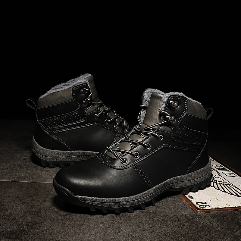HIKEUP Winter Boots Men Cotton Shoes Winter Outdoor Hiking Shoes Workwear Sport High Top Plus Velvet Warm Men's Shoes
