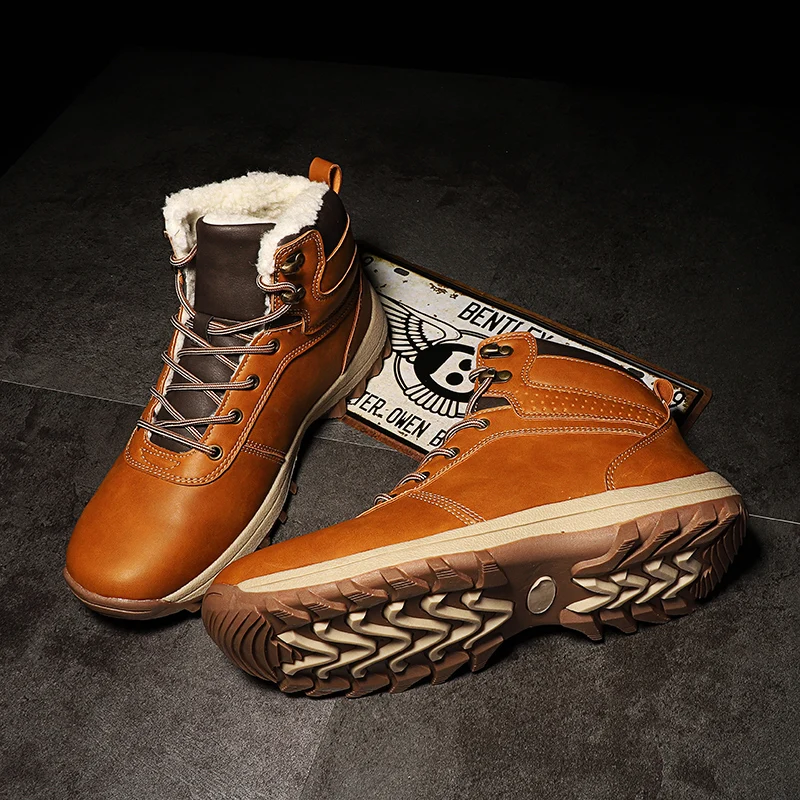 HIKEUP Winter Boots Men Cotton Shoes Winter Outdoor Hiking Shoes Workwear Sport High Top Plus Velvet Warm Men's Shoes