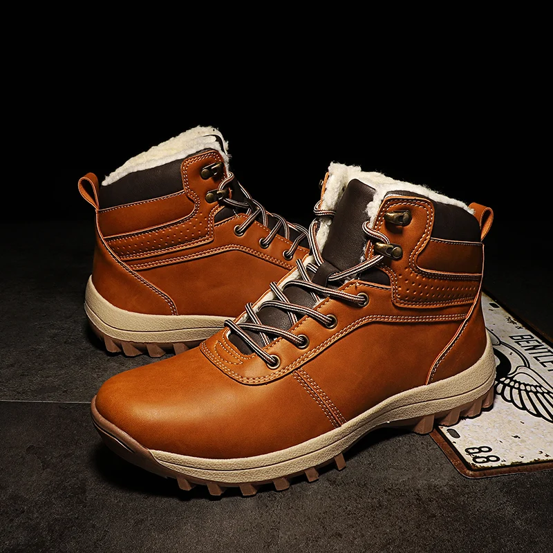 HIKEUP Winter Boots Men Cotton Shoes Winter Outdoor Hiking Shoes Workwear Sport High Top Plus Velvet Warm Men's Shoes