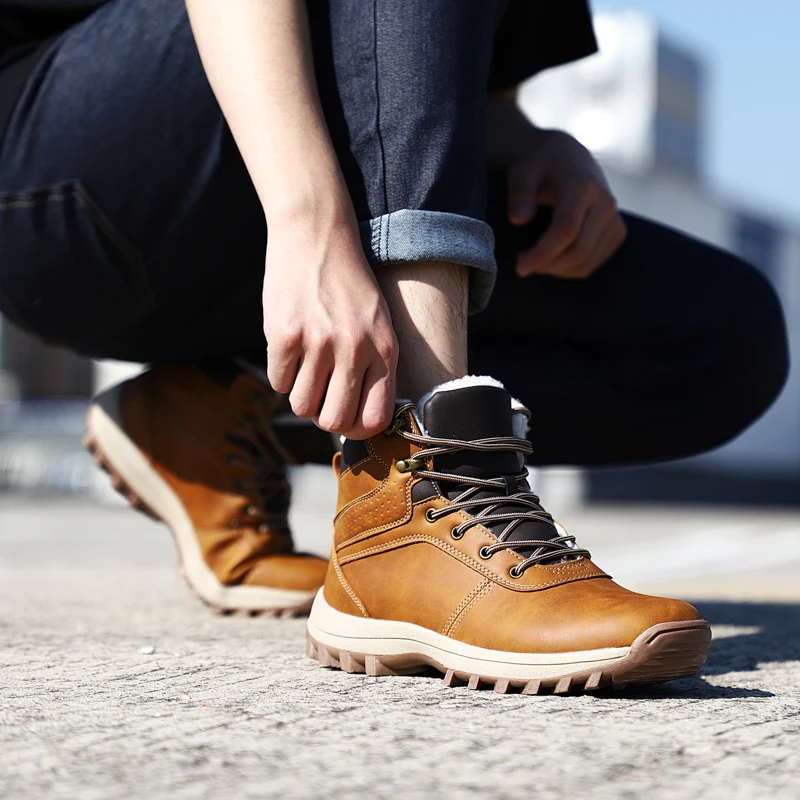 HIKEUP Winter Boots Men Cotton Shoes Winter Outdoor Hiking Shoes Workwear Sport High Top Plus Velvet Warm Men's Shoes