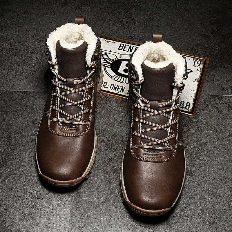 HIKEUP Winter Boots Men Cotton Shoes Winter Outdoor Hiking Shoes Workwear Sport High Top Plus Velvet Warm Men's Shoes