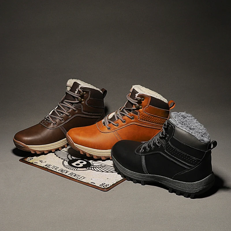 HIKEUP Winter Boots Men Cotton Shoes Winter Outdoor Hiking Shoes Workwear Sport High Top Plus Velvet Warm Men's Shoes