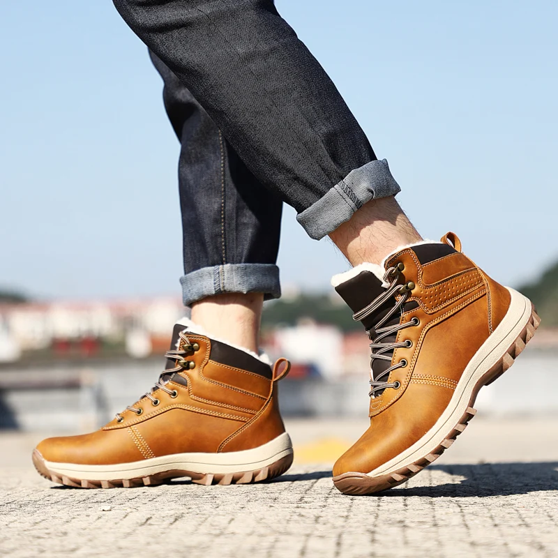 HIKEUP Winter Boots Men Cotton Shoes Winter Outdoor Hiking Shoes Workwear Sport High Top Plus Velvet Warm Men's Shoes