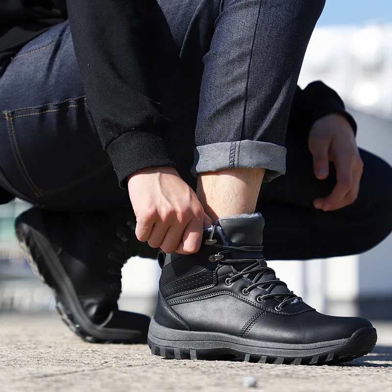 HIKEUP Winter Boots Men Cotton Shoes Winter Outdoor Hiking Shoes Workwear Sport High Top Plus Velvet Warm Men's Shoes