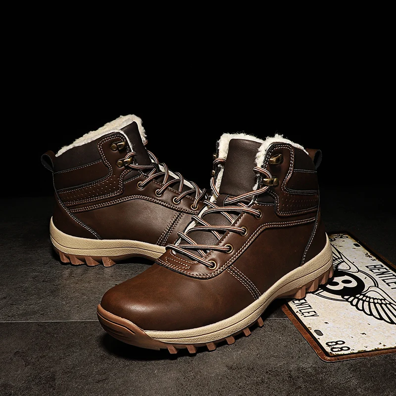 HIKEUP Winter Boots Men Cotton Shoes Winter Outdoor Hiking Shoes Workwear Sport High Top Plus Velvet Warm Men's Shoes