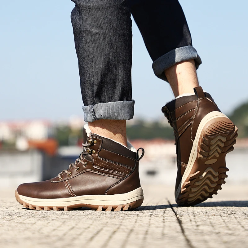 HIKEUP Winter Boots Men Cotton Shoes Winter Outdoor Hiking Shoes Workwear Sport High Top Plus Velvet Warm Men's Shoes