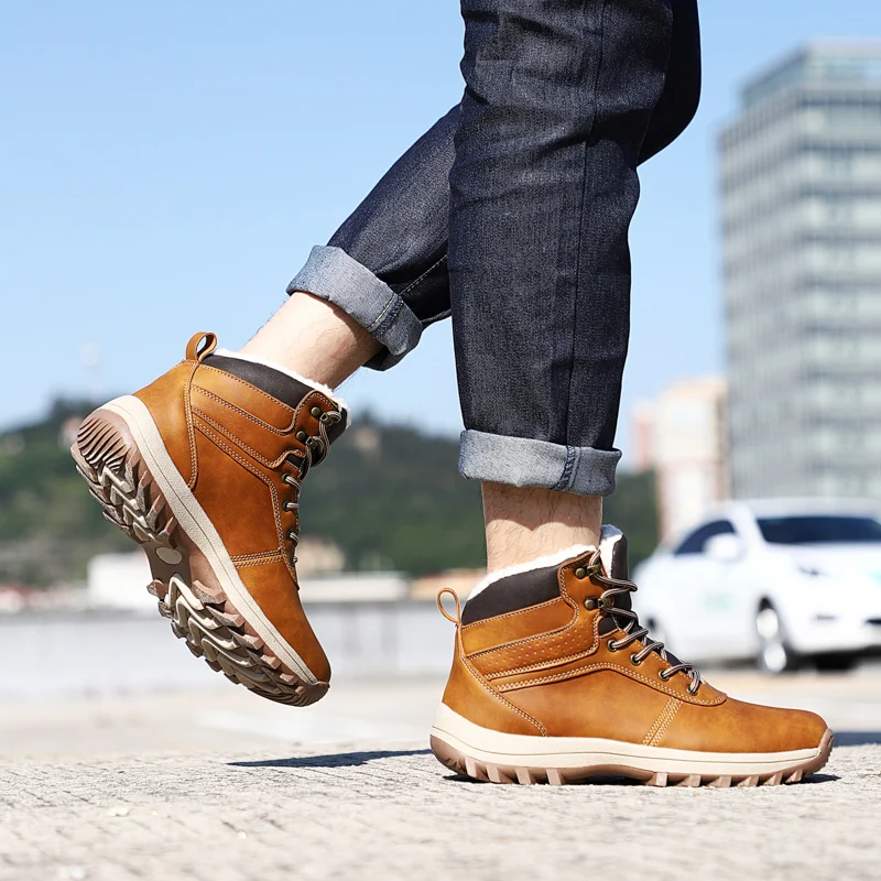 HIKEUP Winter Boots Men Cotton Shoes Winter Outdoor Hiking Shoes Workwear Sport High Top Plus Velvet Warm Men's Shoes