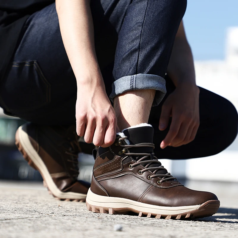 HIKEUP Winter Boots Men Cotton Shoes Winter Outdoor Hiking Shoes Workwear Sport High Top Plus Velvet Warm Men's Shoes