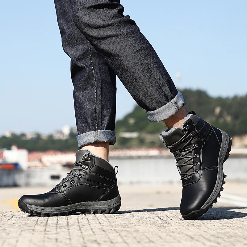 HIKEUP Winter Boots Men Cotton Shoes Winter Outdoor Hiking Shoes Workwear Sport High Top Plus Velvet Warm Men's Shoes