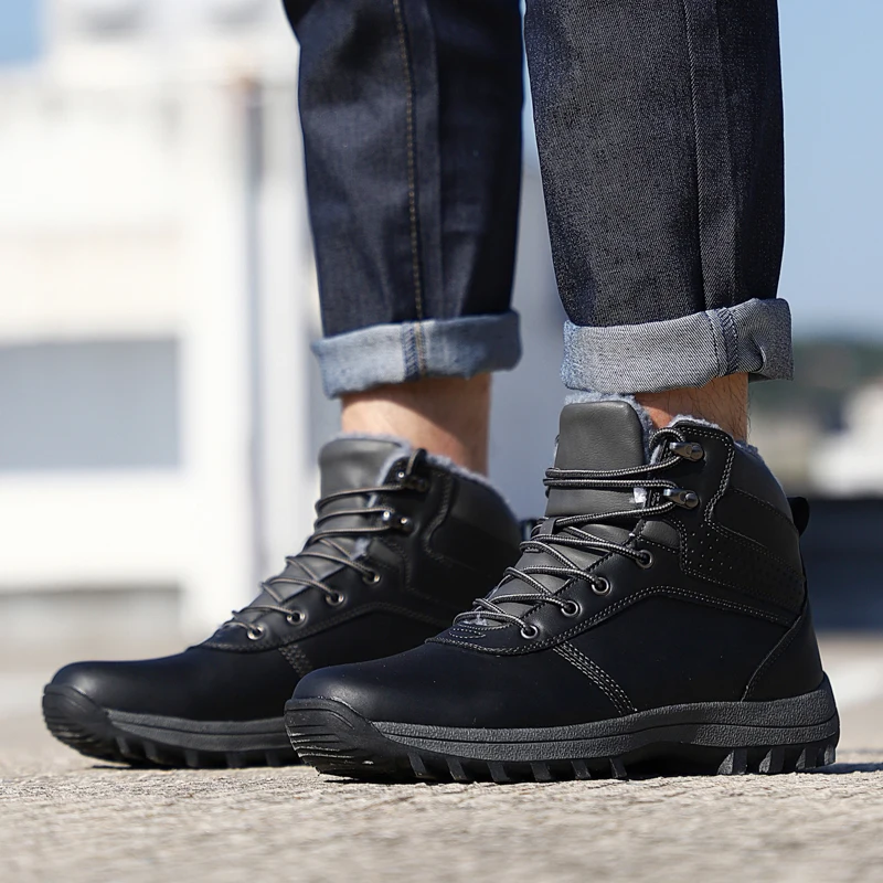 HIKEUP Winter Boots Men Cotton Shoes Winter Outdoor Hiking Shoes Workwear Sport High Top Plus Velvet Warm Men's Shoes
