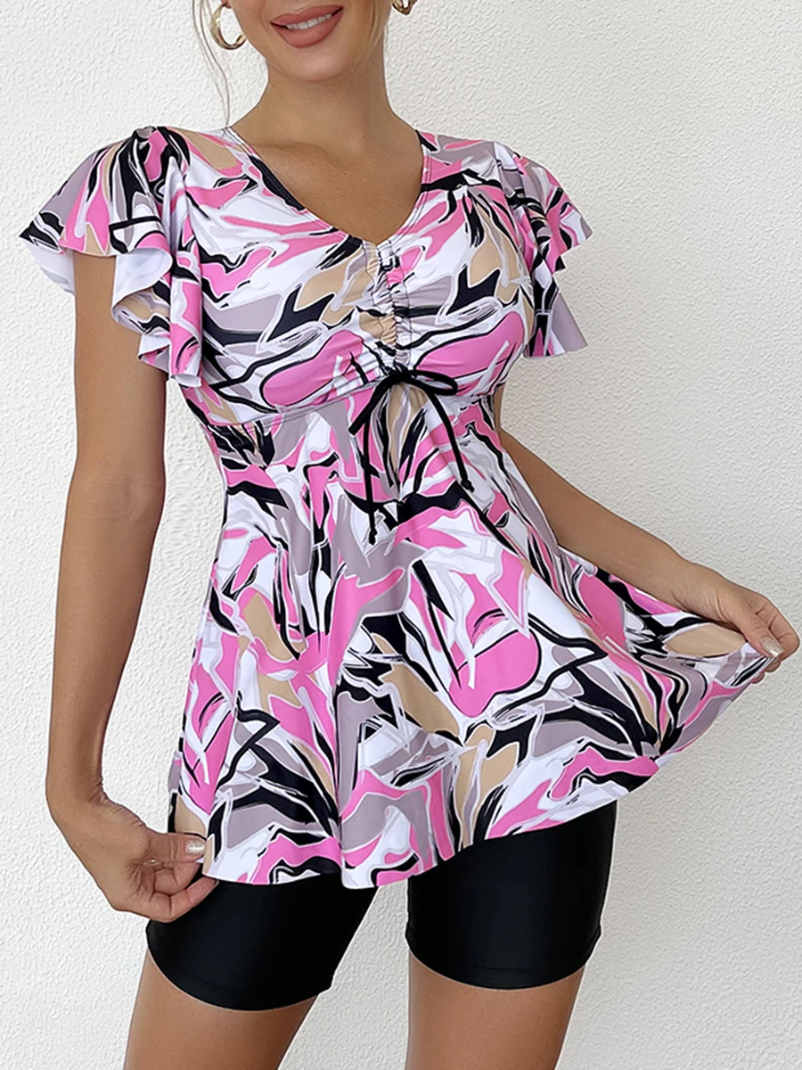 Two Piece Swimsuit Women 2026 Printed Tankini Set Tie Front Drawstring Swimwear Female Bathing Swimming Suit Beachwear Summer