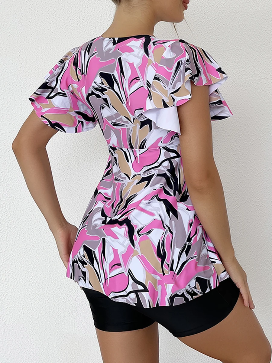 Two Piece Swimsuit Women 2026 Printed Tankini Set Tie Front Drawstring Swimwear Female Bathing Swimming Suit Beachwear Summer