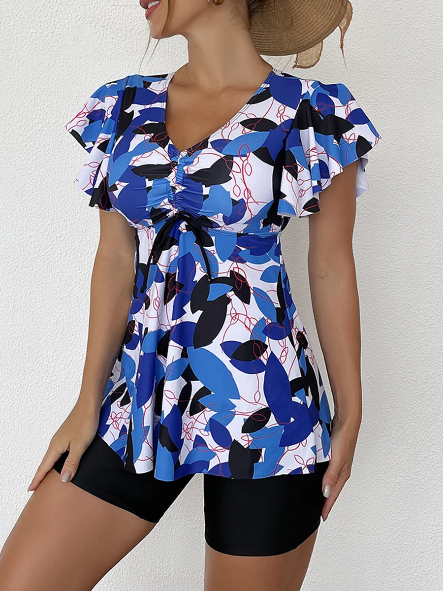 Two Piece Swimsuit Women 2026 Printed Tankini Set Tie Front Drawstring Swimwear Female Bathing Swimming Suit Beachwear Summer