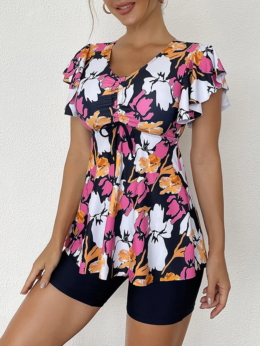 Two Piece Swimsuit Women 2026 Printed Tankini Set Tie Front Drawstring Swimwear Female Bathing Swimming Suit Beachwear Summer