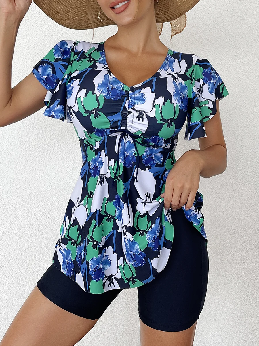 Two Piece Swimsuit Women 2026 Printed Tankini Set Tie Front Drawstring Swimwear Female Bathing Swimming Suit Beachwear Summer