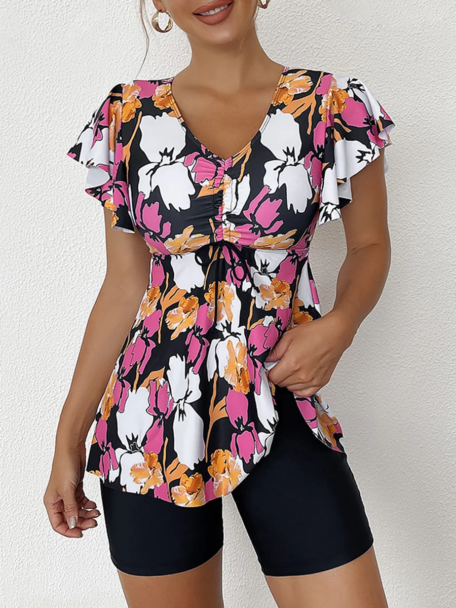 Two Piece Swimsuit Women 2026 Printed Tankini Set Tie Front Drawstring Swimwear Female Bathing Swimming Suit Beachwear Summer