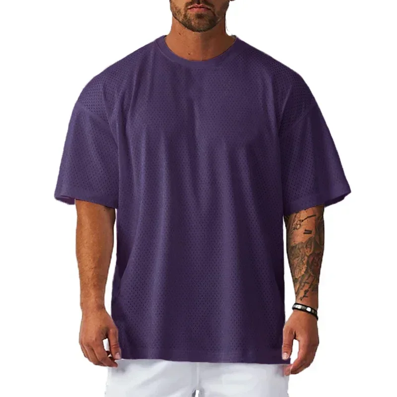 Oversize Loose Short Sleeve Sport T-Shirts Dropped Shoulders Gym Fitness Bodybuilding Shirt Mesh Breathable Quick Dry Men's Tees