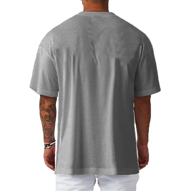 Oversize Loose Short Sleeve Sport T-Shirts Dropped Shoulders Gym Fitness Bodybuilding Shirt Mesh Breathable Quick Dry Men's Tees