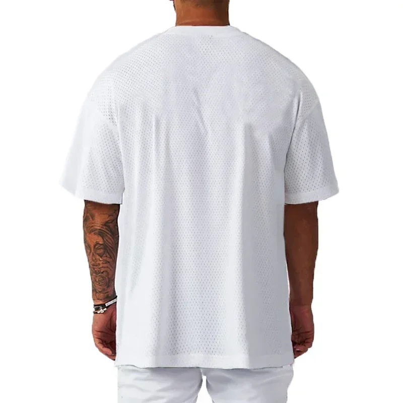 Oversize Loose Short Sleeve Sport T-Shirts Dropped Shoulders Gym Fitness Bodybuilding Shirt Mesh Breathable Quick Dry Men's Tees