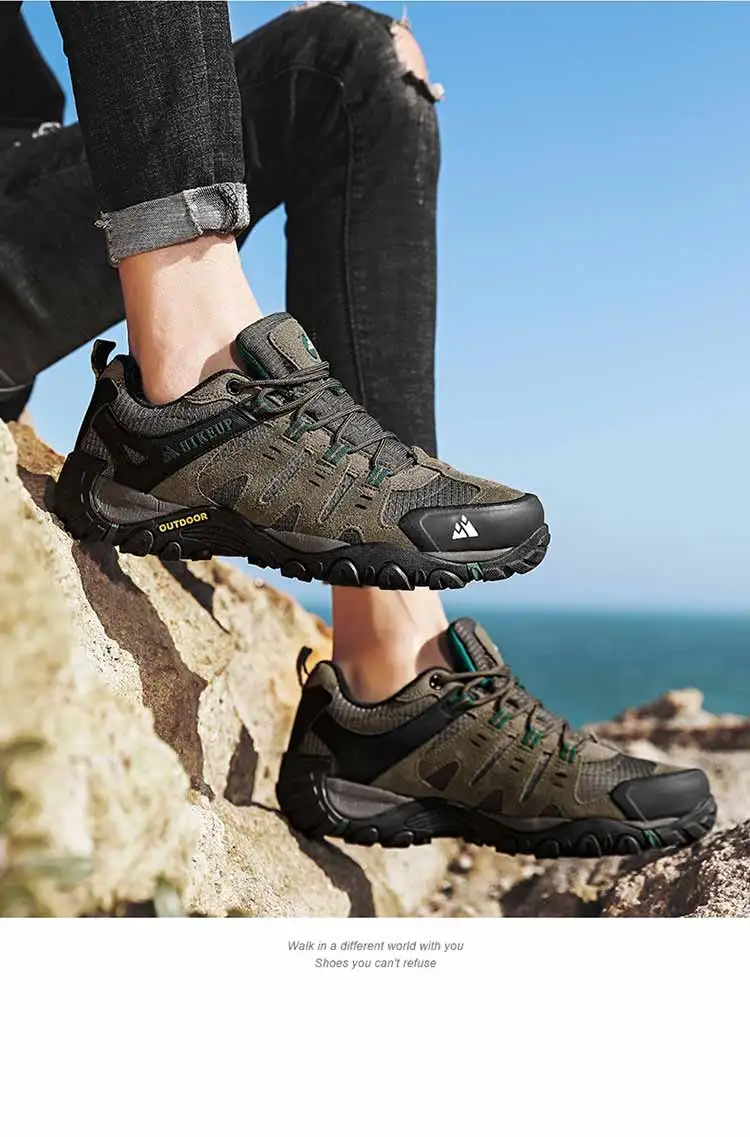 HIKEUP Men's Hiking Shoes Suede Leather Outdoor Shoes Wear-resistant Men Trekking Walking Hunting Tactical Sneakers