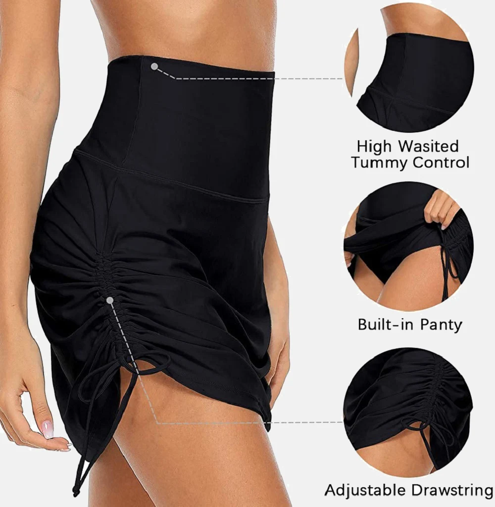 Anfilia Women's Swim Skirts Built in Briefs High Waisted Bikini Shorts Drawstring Ruched Tummy Control Swimsuit Bottoms