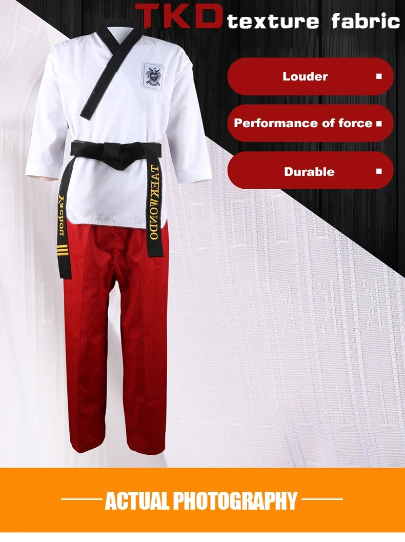 High Quality Black Red Taekwondo Uniform Training Taekwondo Suits Embroidery Uniforms Poomsae Dobok WTF Approved Size 160-190cm
