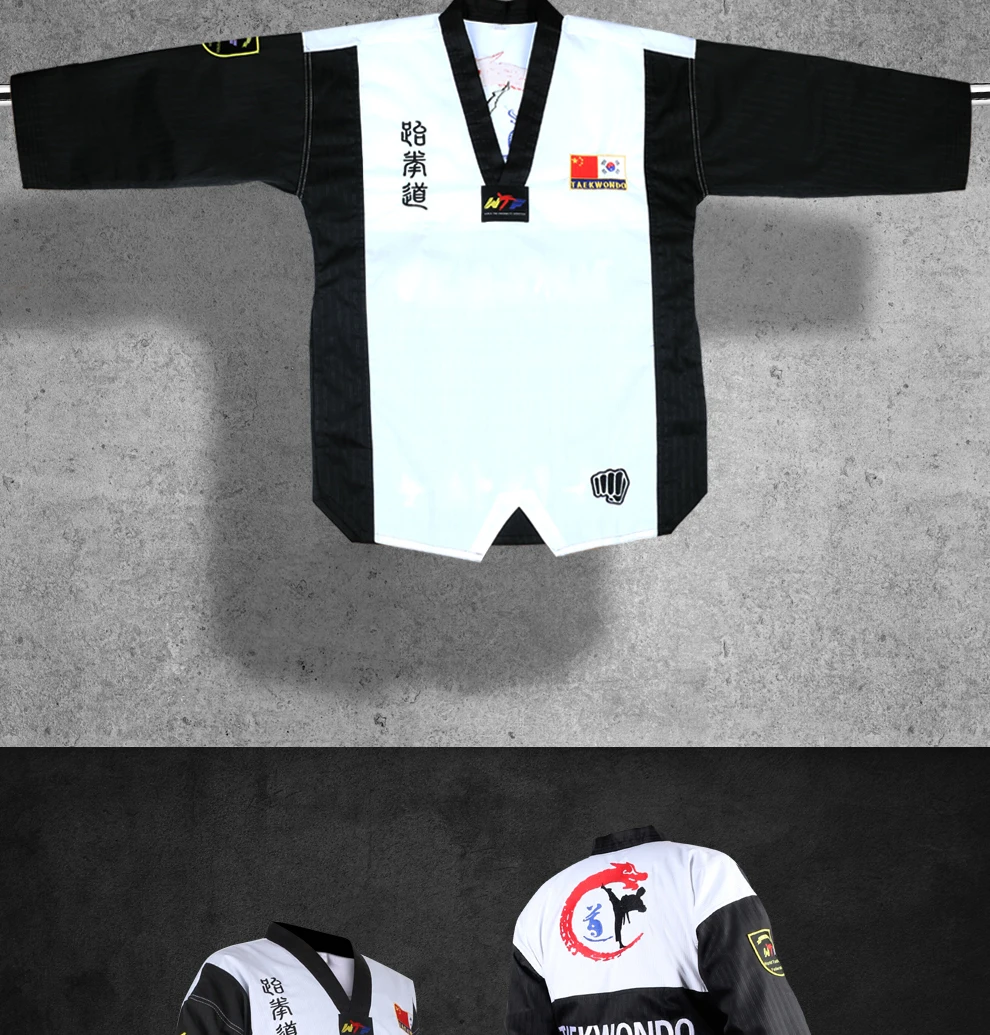 High Quality Black Red Taekwondo Uniform Training Taekwondo Suits Embroidery Uniforms Poomsae Dobok WTF Approved Size 160-190cm