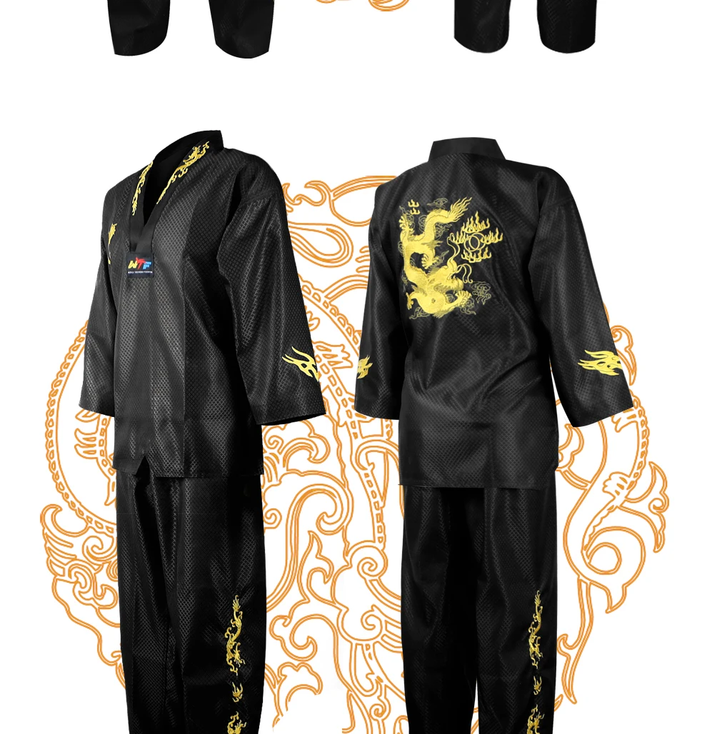High Quality Black Red Taekwondo Uniform Training Taekwondo Suits Embroidery Uniforms Poomsae Dobok WTF Approved Size 160-190cm
