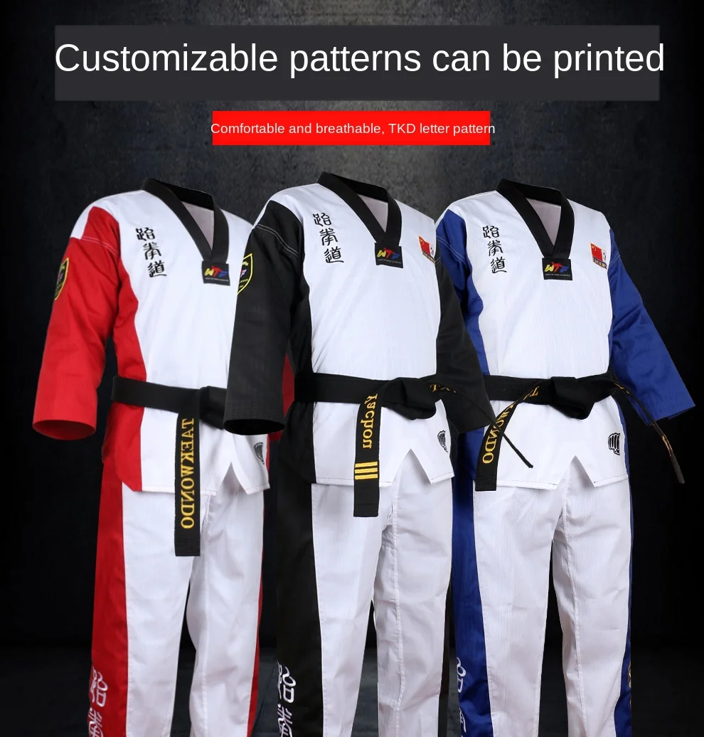 High Quality Black Red Taekwondo Uniform Training Taekwondo Suits Embroidery Uniforms Poomsae Dobok WTF Approved Size 160-190cm