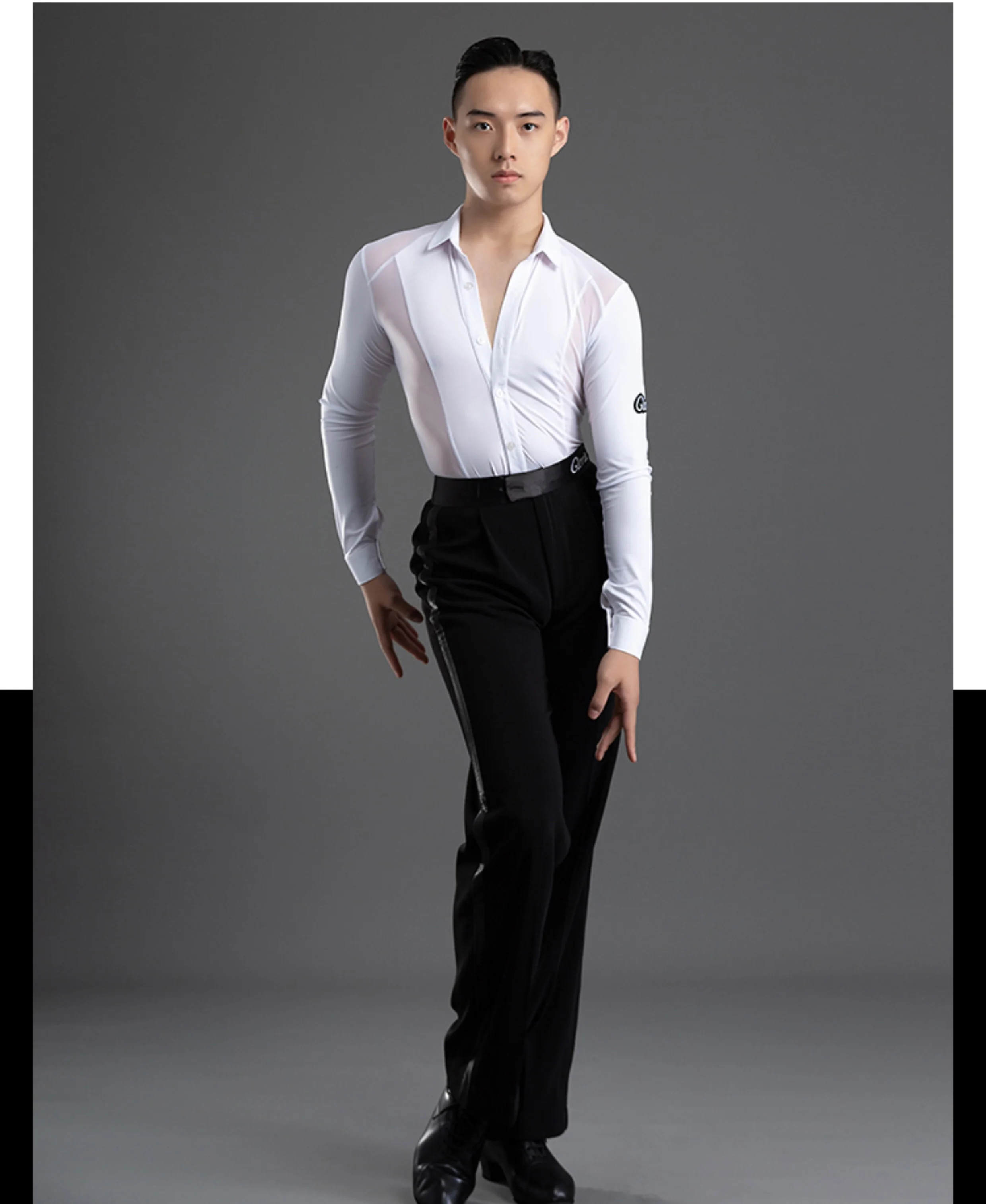 2026 New Long Sleeves Latin Dance T-shirt Boy's Practice Top Wear Men's Deep V Neckline Seethrough Design Charles Shirt
