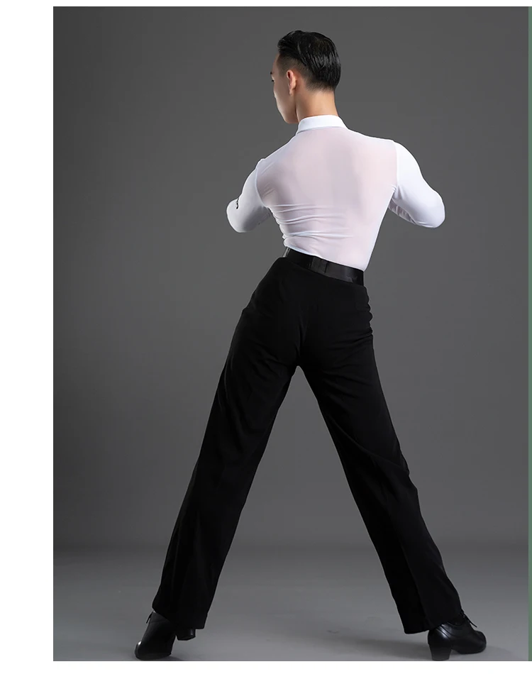 2026 New Long Sleeves Latin Dance T-shirt Boy's Practice Top Wear Men's Deep V Neckline Seethrough Design Charles Shirt