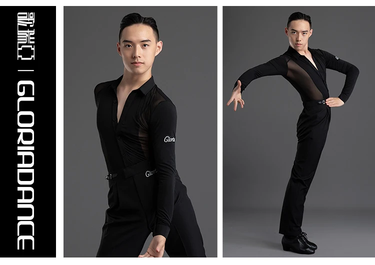 2026 New Long Sleeves Latin Dance T-shirt Boy's Practice Top Wear Men's Deep V Neckline Seethrough Design Charles Shirt