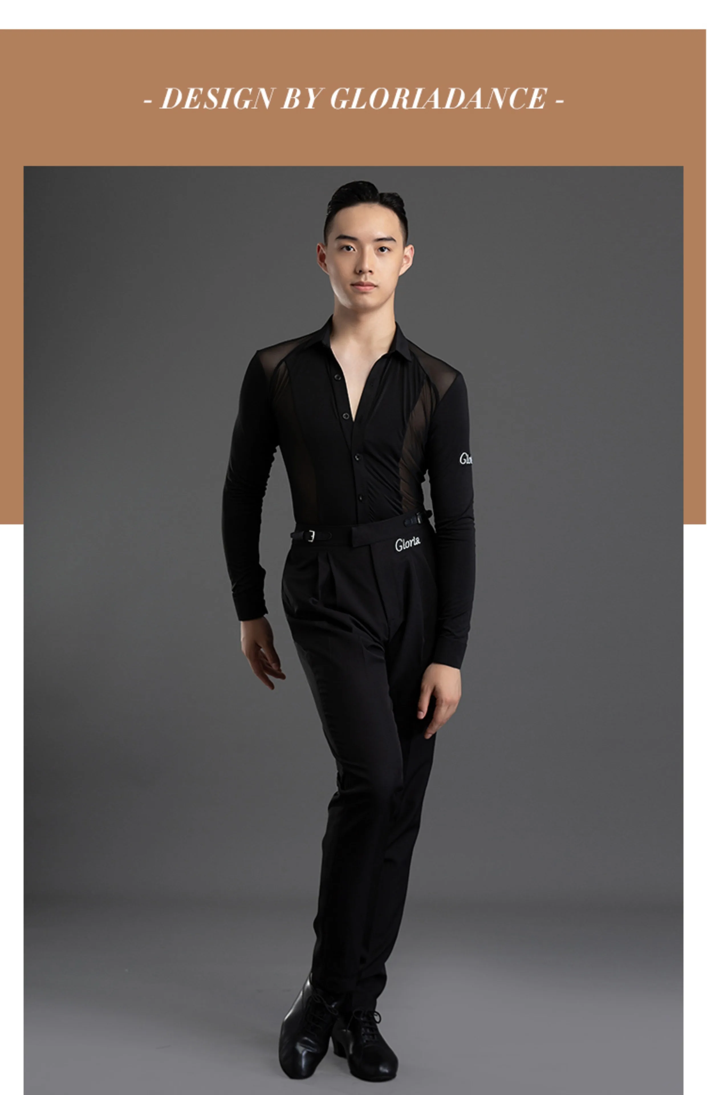 2026 New Long Sleeves Latin Dance T-shirt Boy's Practice Top Wear Men's Deep V Neckline Seethrough Design Charles Shirt
