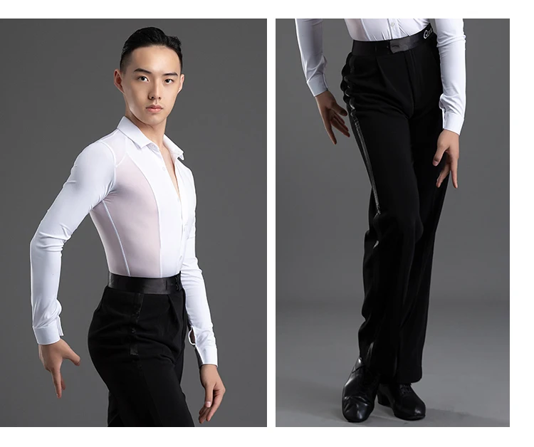 2026 New Long Sleeves Latin Dance T-shirt Boy's Practice Top Wear Men's Deep V Neckline Seethrough Design Charles Shirt
